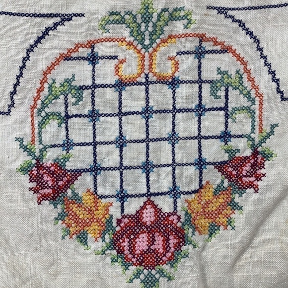 Vintage Cross-stitch Floral Pineapple Hearts Linen Tea Towel Runner 39.5” x 16” - Picture 6 of 17